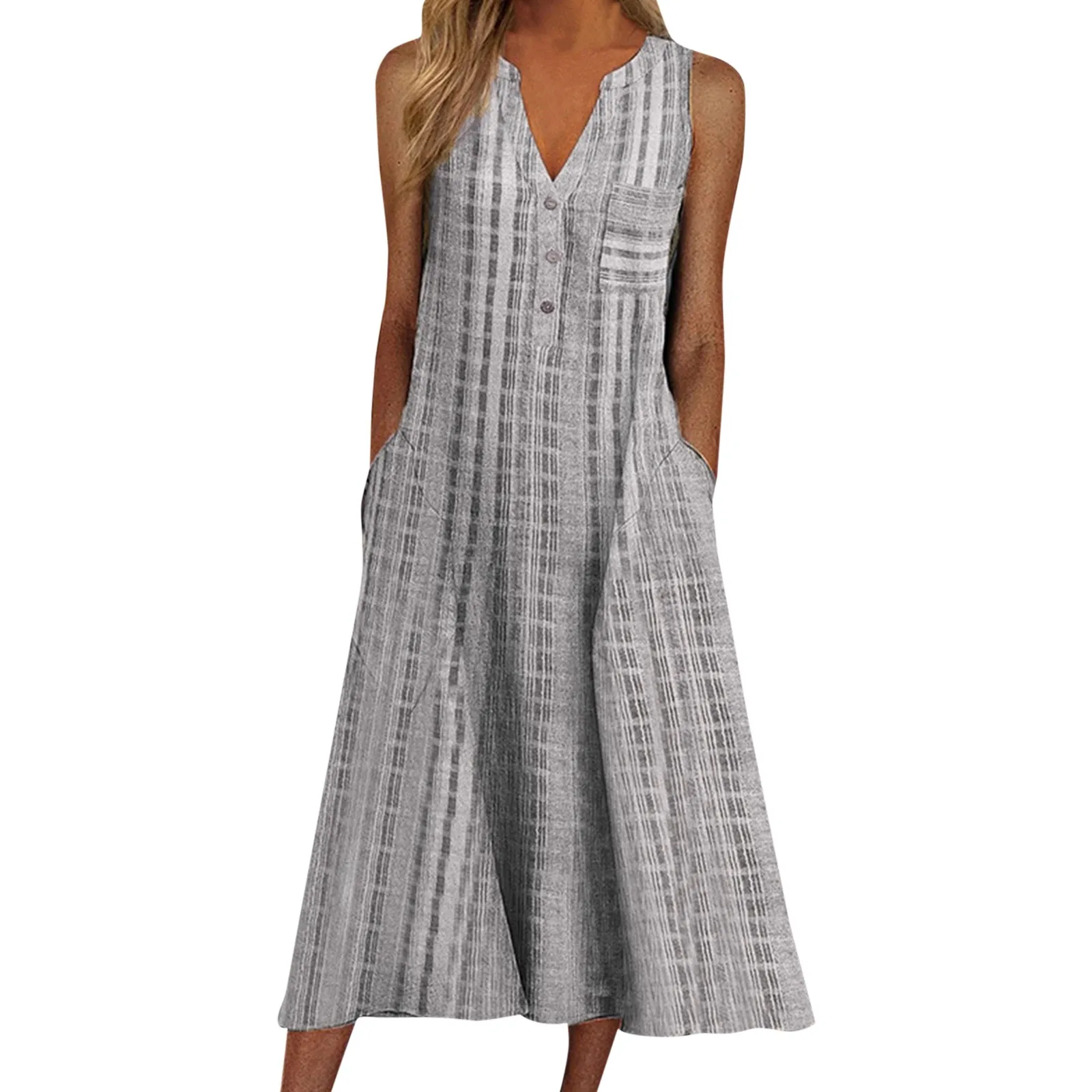 

Summer Dress Women V Neck Sleeveless Pocket Button Loose Maxi Dresses Vintage Print Party Dress 2023 A-Line Beach Dress