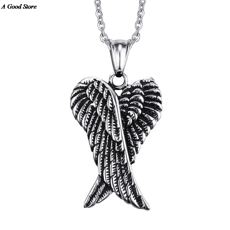 

Fashion Men 's Stainless Steel Gothic Vintage Double Angel Wings Pendant Biker Jewelry