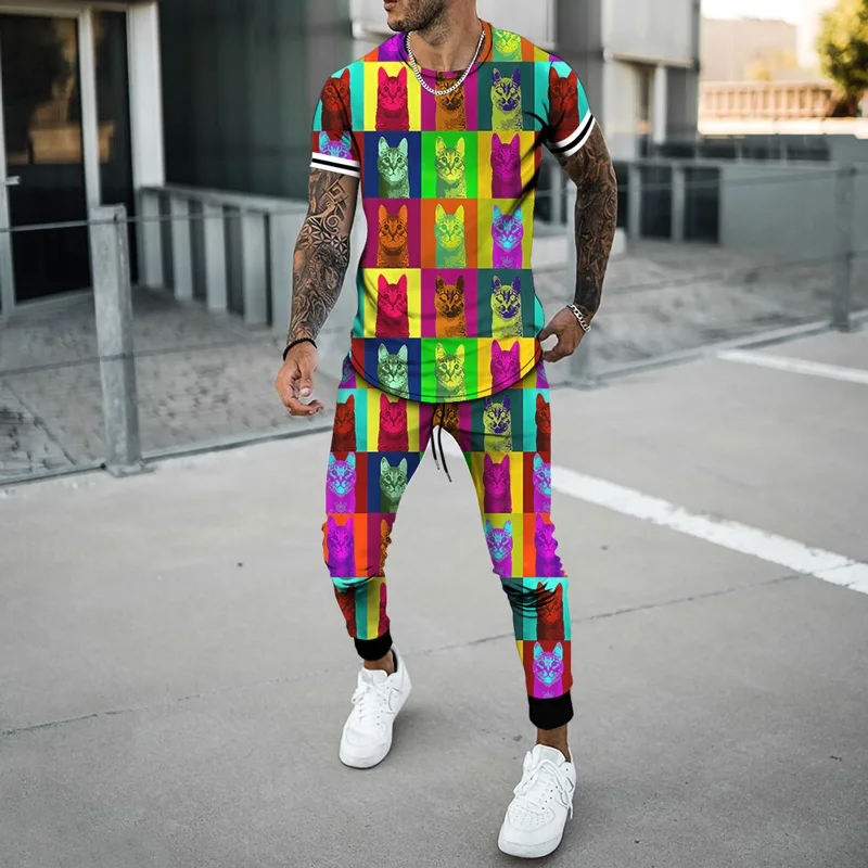 Summer New 3D Printed Funny Animal Breathable Oversized Unisex O Neck T-Shirt Suit Harajuku Streetwear Men Women Trousers Set