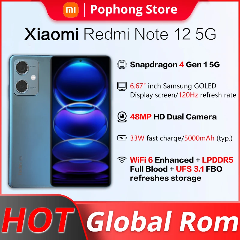 

Global rom Xiaomi Redmi Note 12 5G Smartphone 6.67 inch GOLED Display 120Hz Snapdragon 4 Gen 1 5000mAh 48MP Dual Camera 33W