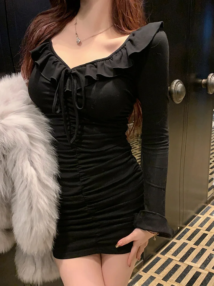 

Ruffle Lace Up Solid V-Neck Sexy Mini Dress Y2K Black Long Sleeves Short Dress Women Basic Korean Fashion 2023 Spring Clothes