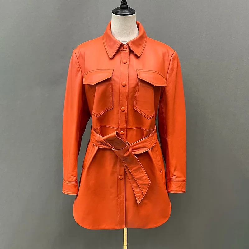 Genuine Sheepskin Leather Jackets 2023 Medium Length Lady Trench Coat With Belt Turn Down Collar FG5451