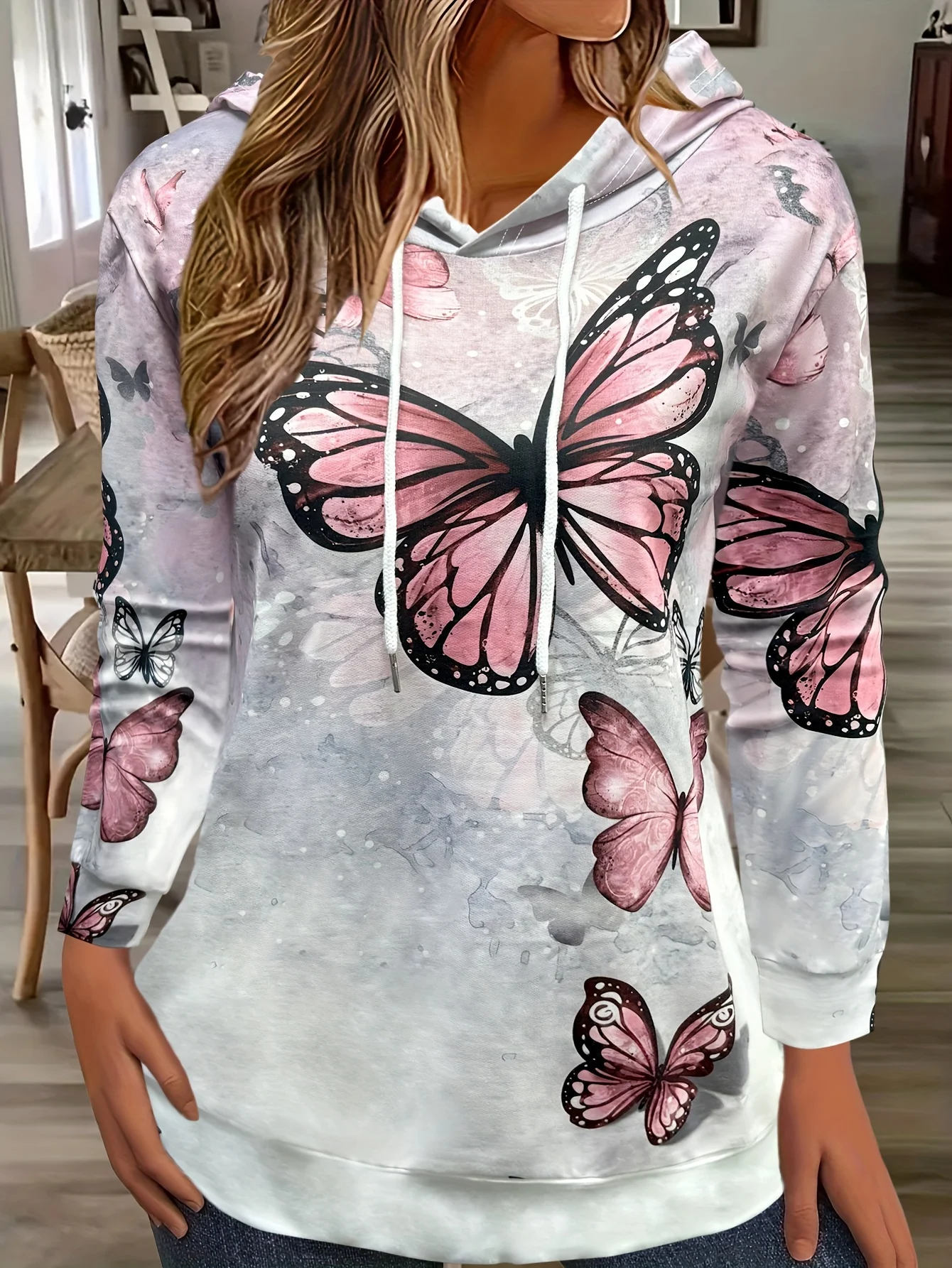 Женская толстовка с капюшоном Свободный Повседневный пуловер цветочным принтом