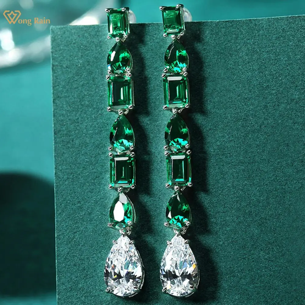 

Wong Rain 100% 925 Sterling Silver Pear Created Moissanite Emerald Gemstone Drop Dangle Cocktail Earrings Fine Jewelry Wholesale