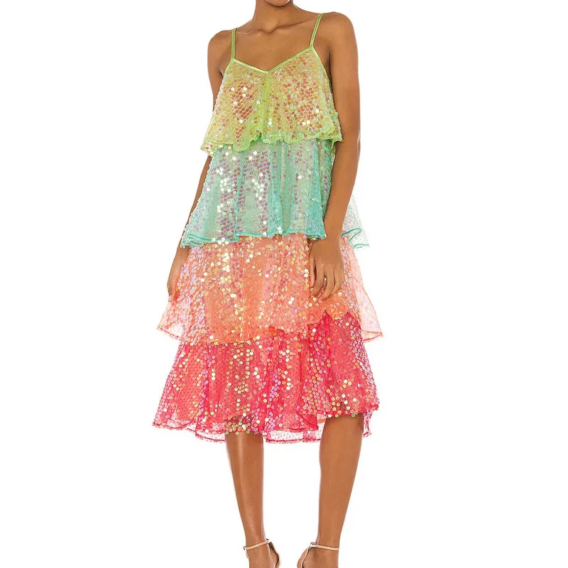 

Women Glitter Sequin Midi Dress Evening Party Summer Clothes 2023 Spaghetti Strap Layered Ruffle Dress Sexy Club Streetwear