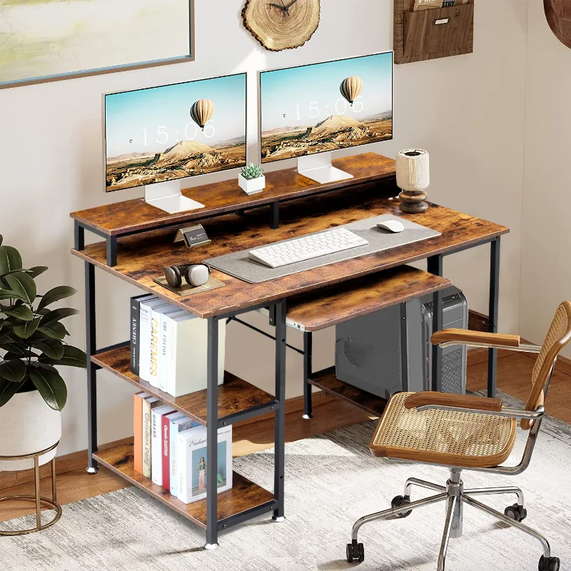 

47 Inch Industrial Computer Desk with Shelves and CPU Stand for Home Office, Vintage Brown Gaming Desk