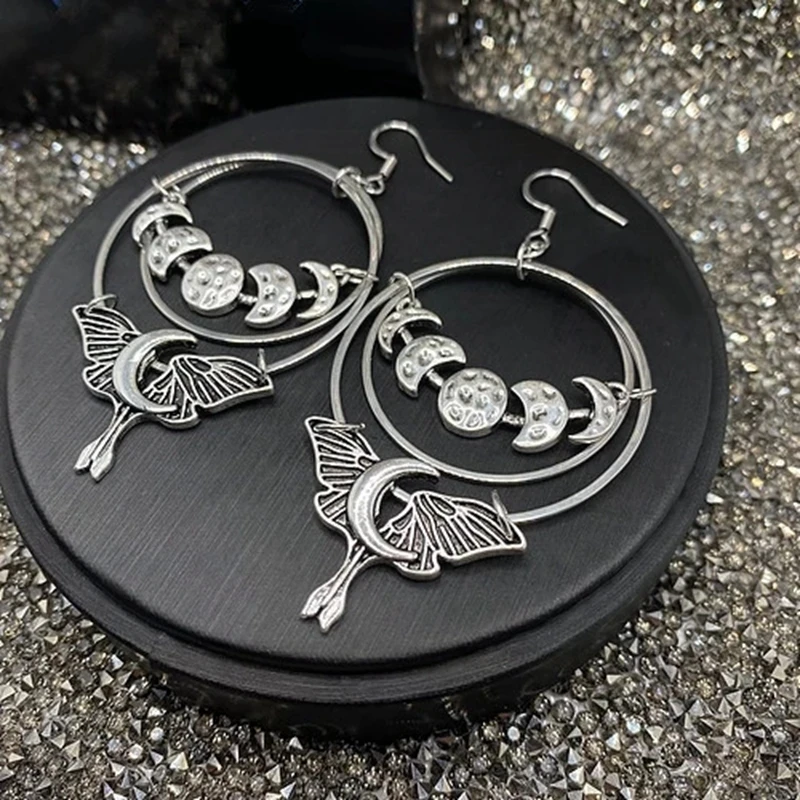 

Moonphase / Luna Moth Earrings Tibetan Silver Drop Earrings Boho Pagan Gift Goth Earrings