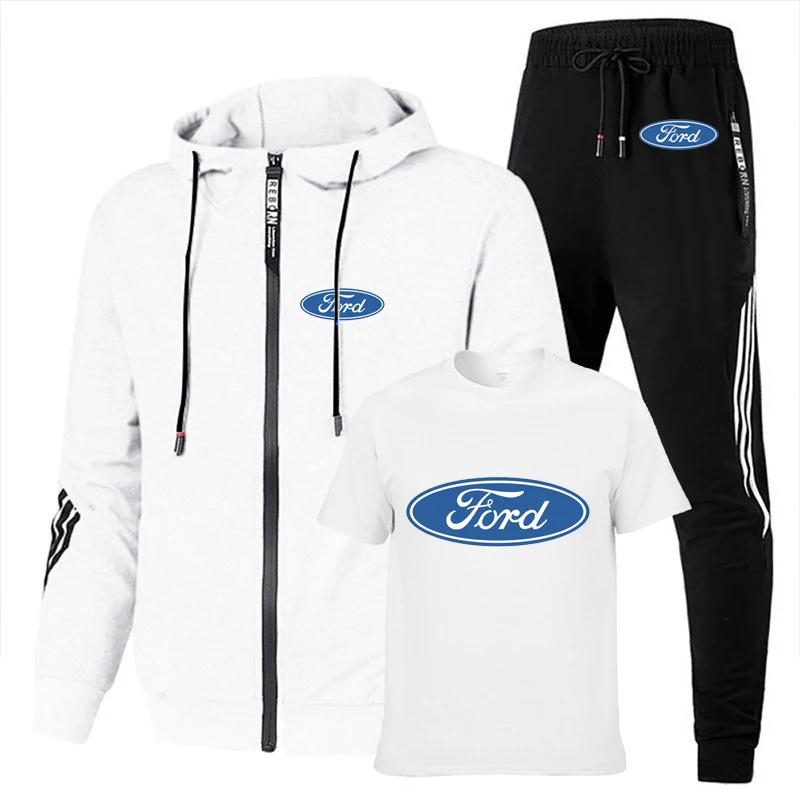 

Men's suits Ford Car Logo printing Spring Autumn Cotton High Quality Solid color stripe Men's sweatshirt+T-shirt+pants 3-piece