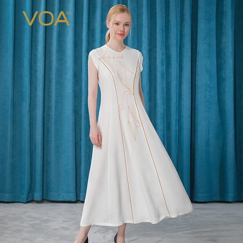 

VOA 30 Momme Heavyweight Silk Garment Sleeves Woman Party Dress Bright Line Decoration Elegant White Dresses Women Summer AE352