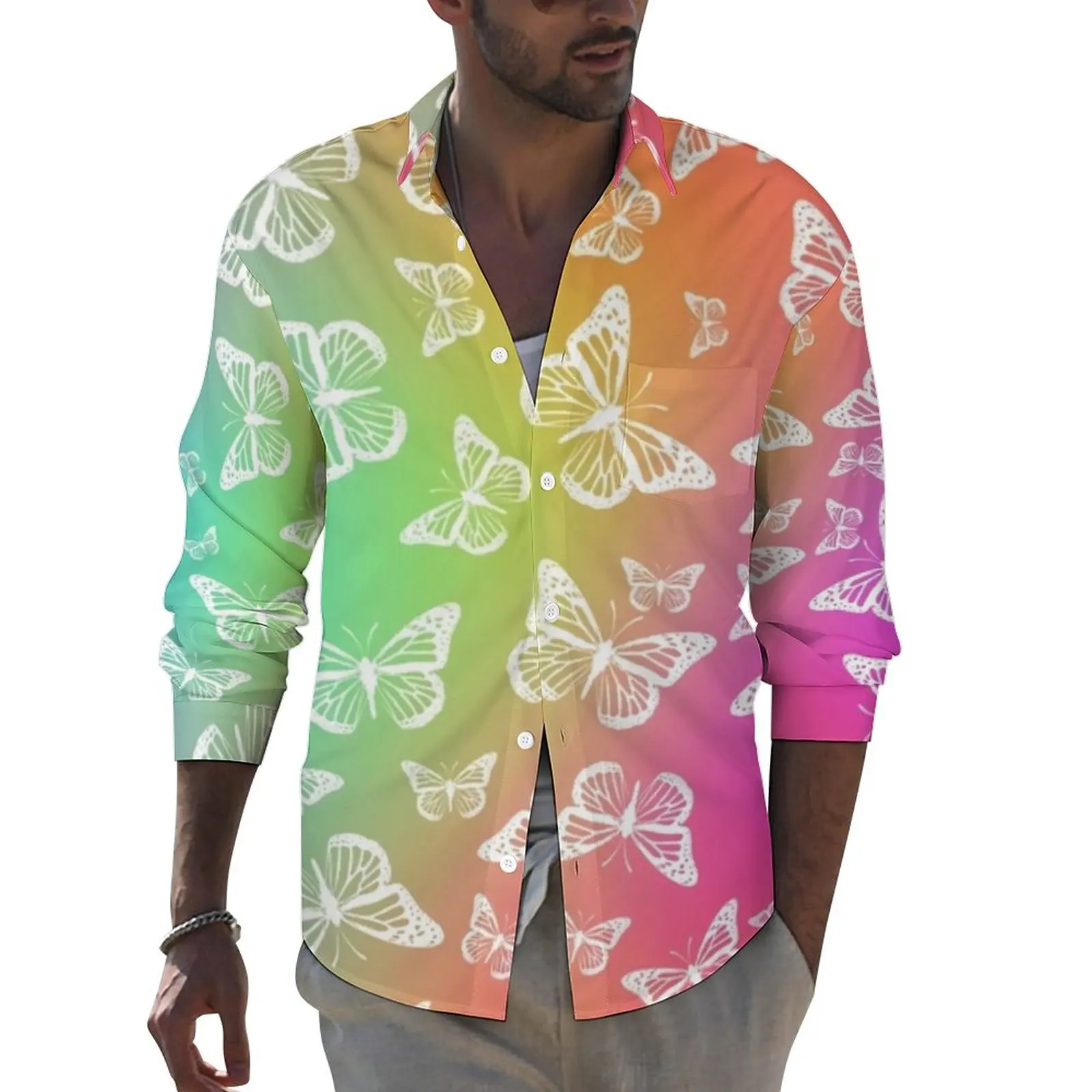 

White Butterfly Casual Shirts Man Rainbow Print Shirt Long Sleeve Novelty Funny Blouses Autumn Printed Tops Plus Size