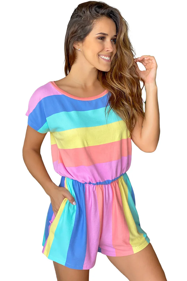 

Summer casual rompers summer clothing for women multi color jumosuit striped print shorts playsuit