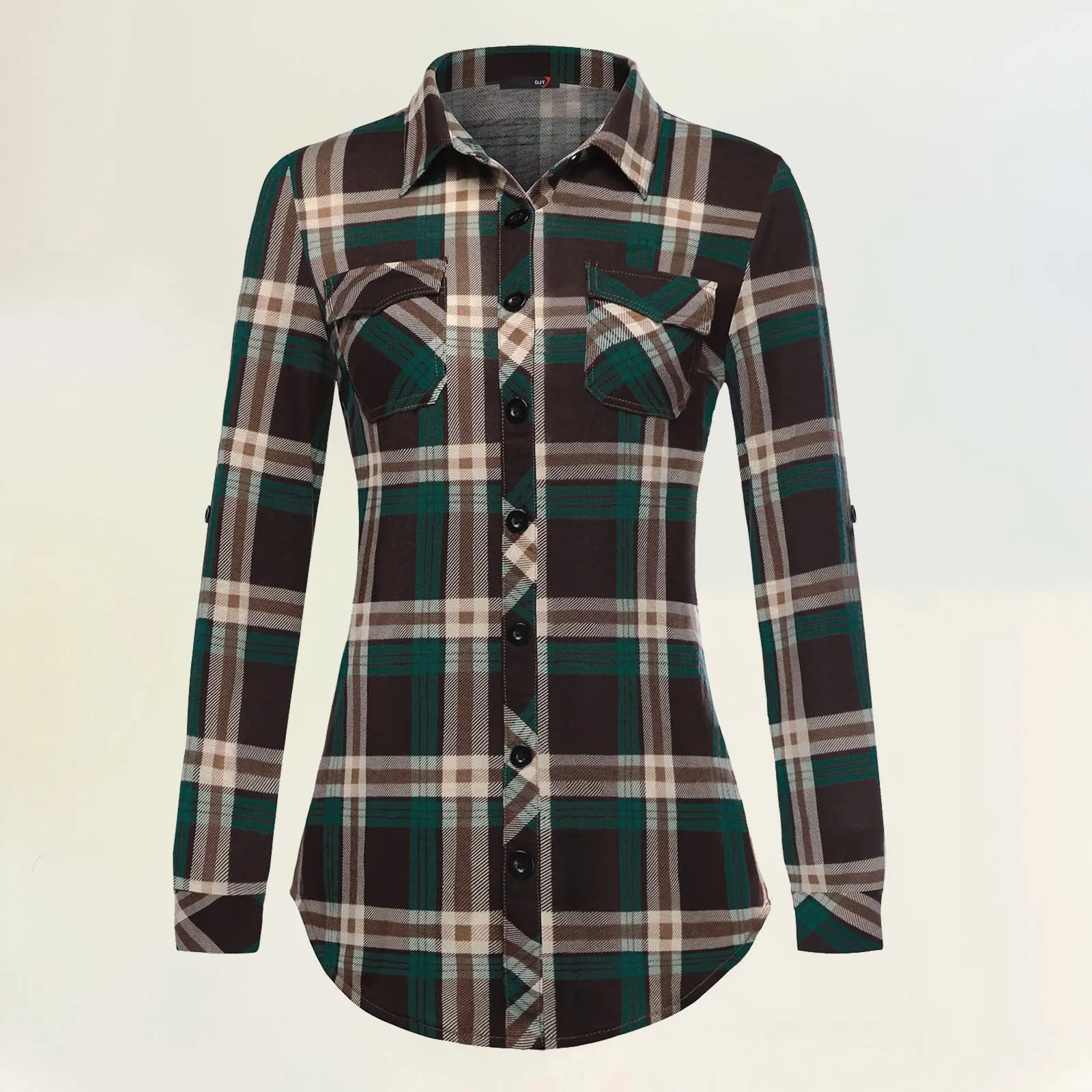 Autumn Winter Women Plaid Shirts Soft Stretchy Knit Roll Up Long Sleeve Collared Button Down Blouses Tops Fashion Streetwear