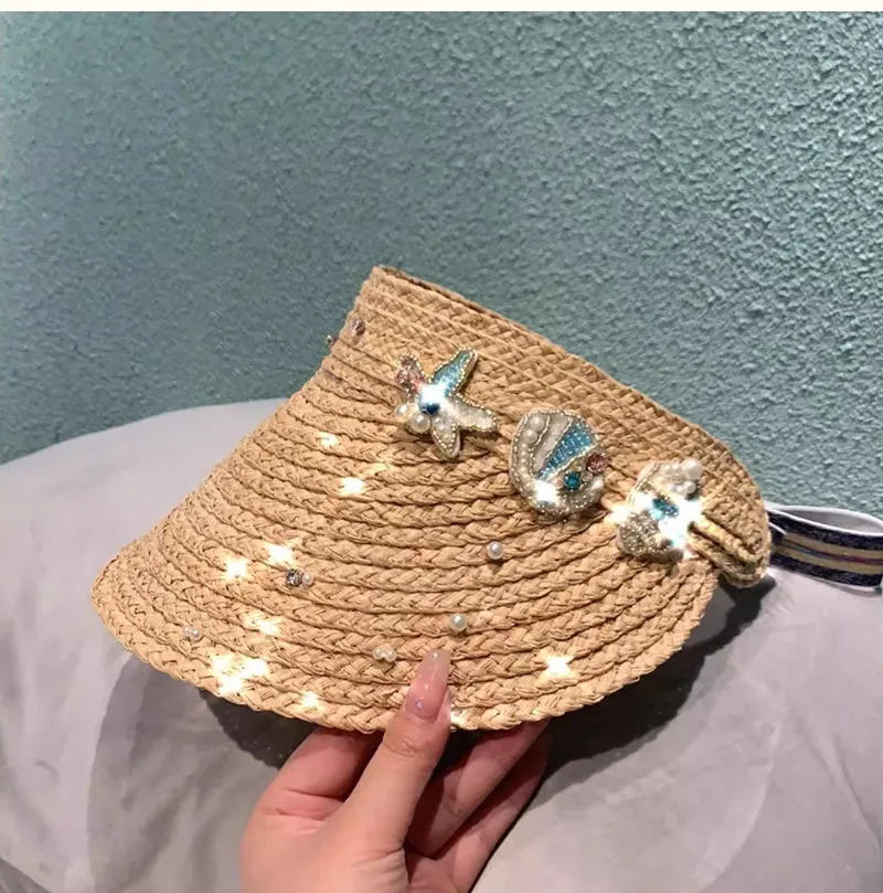 

202306-YL ins summer dropshipping Pearl Star Bead raffia grass sun protection without lady sun visors cap women leisure hat