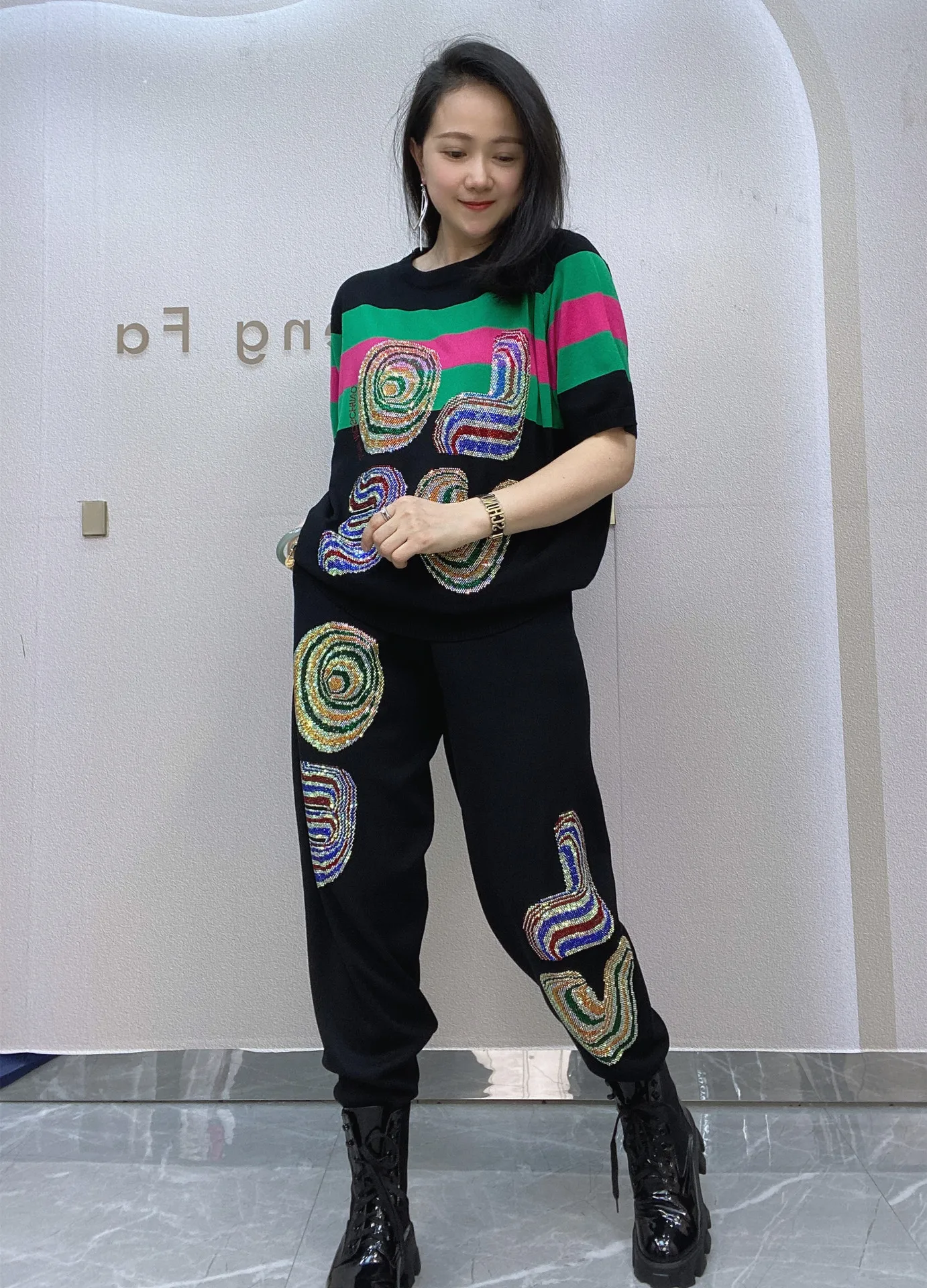 

Женский комплект одежды из двух предметов, летний свободный спортивный костюм, блестящий вязаный комплект, контрастные повседневные штаны для бега, женский костюм