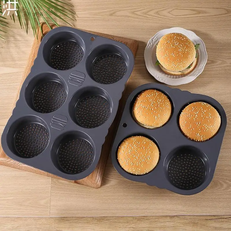 

4/6 Cavity Silicone Hamburger Bun Pan Non Stick Baking Tray Muffin Hamburger Molds Reusable Flexible Bread Baking Pan For Pies
