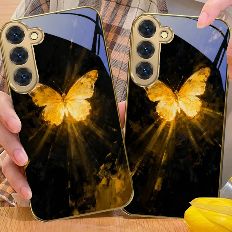 Загадочный чехол-бабочка для Samsung Galaxy S26 S20 FE S21 Plus S22 S23 Plus S24 Ultra S25 S21+ S9, золотой, стеклянный (art.: 3920dafca5fd7) - 3920dafca5fd7