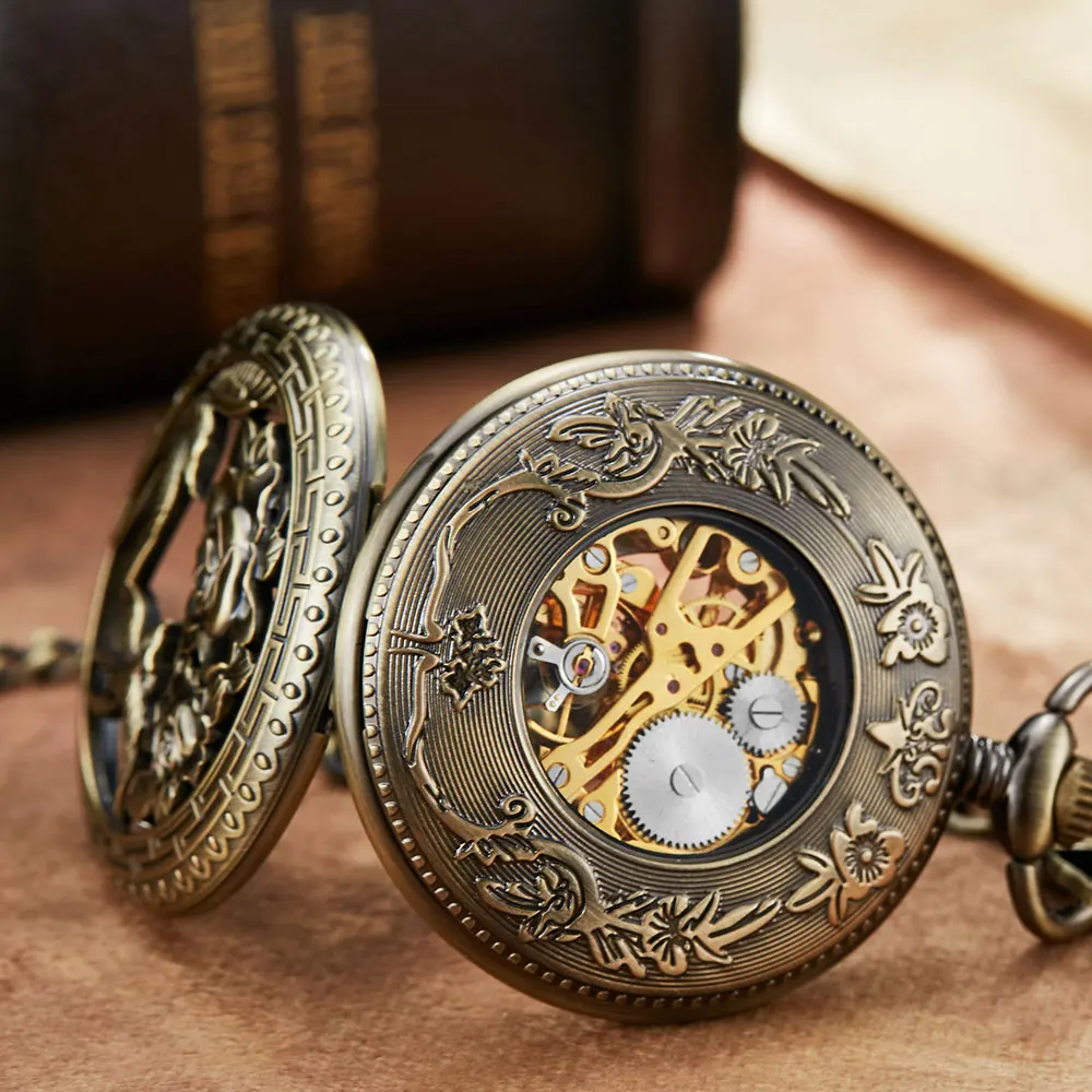 Retro Hollow Bird Flower Sculpture Mechanical Pocket Watch Bronze Unique Skeleton Lucky Symbol Mechanical Pocket Watch Fob Chain