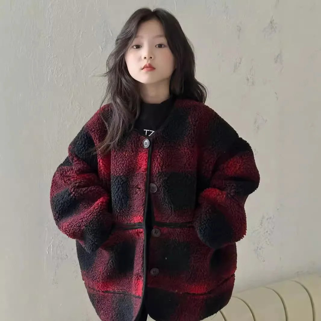 Зимняя красная клетчатая верхняя одежда для маленьких девочек пальто из