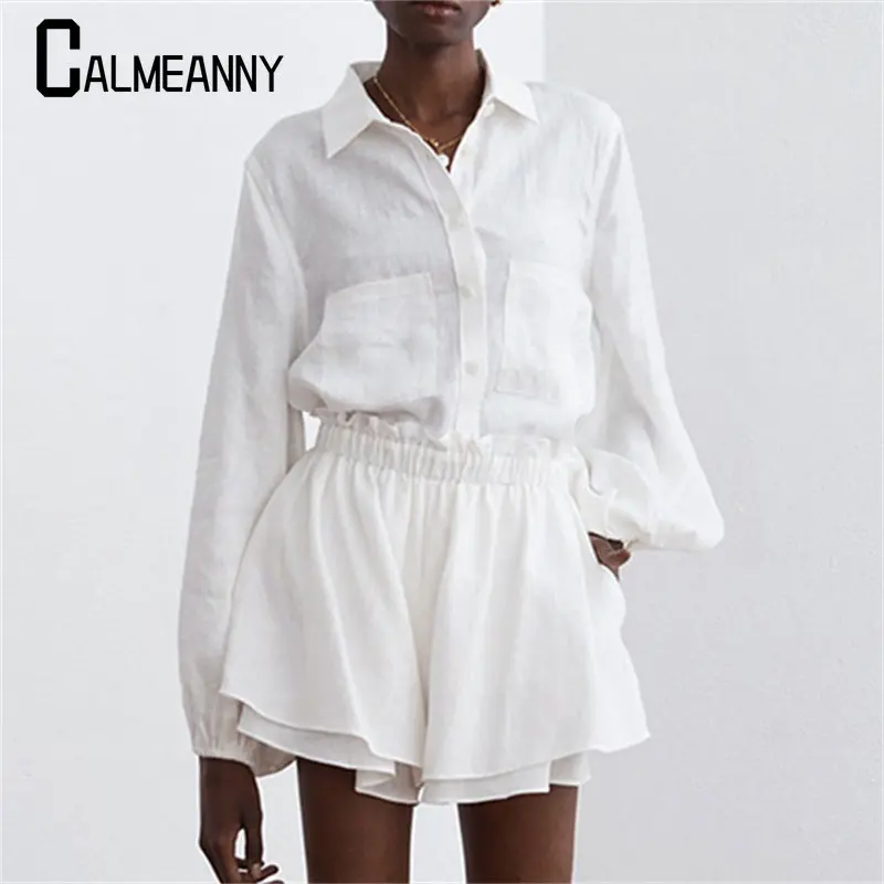 

Women Clothing 2023 Summer New Style Cotton Lantern Long Sleeve Button Laple Blouse Top Ruffle Leg Wide Shorts Loungewear Sets
