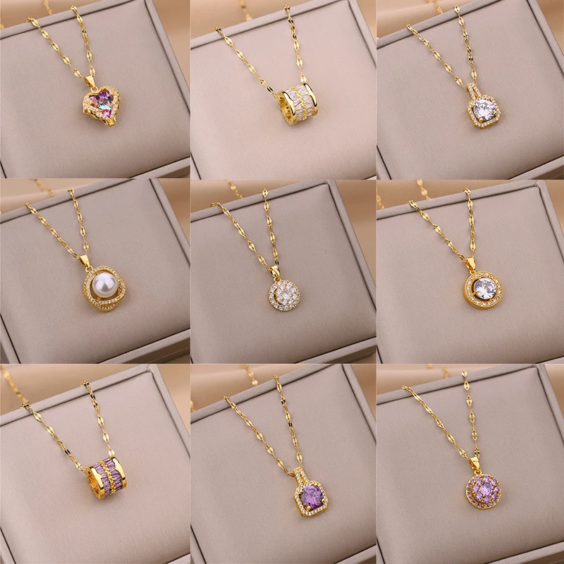 

MEYRROYU Luxury Zircon Crystal Pendant Clavicle Chain Necklace For Women Stainless Steel Jewelry Female Wedding Party Accessorie