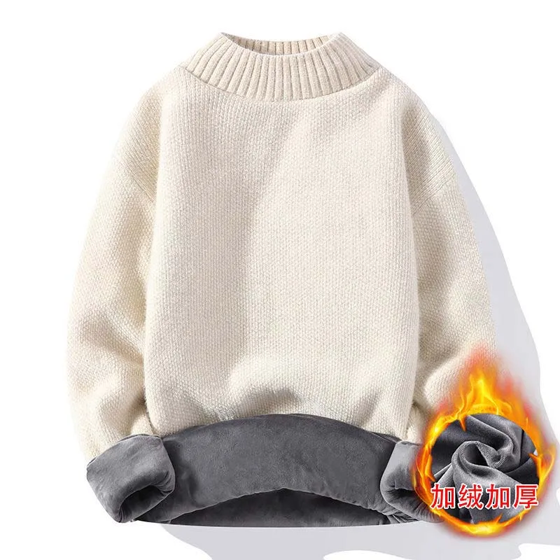 Men's Sweater With Plush Thick Integrated Velvet Autumn And Winter Thermal Sweater Korean Version Solid Color Knitwear Loose Top