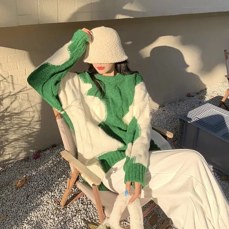 

Knitted Sweater Women Elegant Green Ripple Oversized Pullovers Women Spring Autumn Long Sweaters Streetwear Sueter Mujer