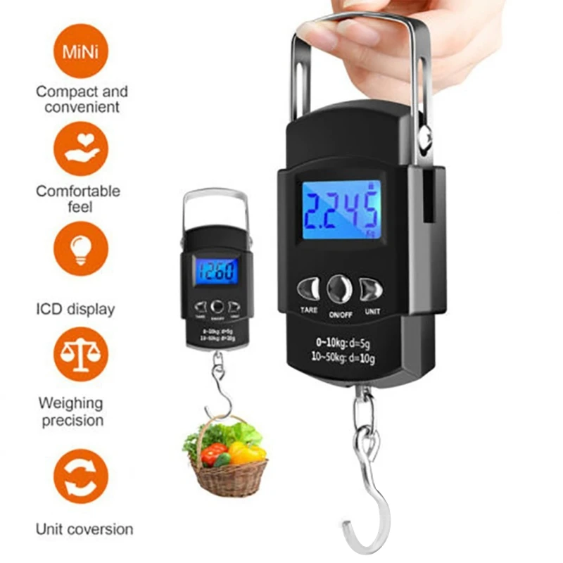 

50kg Mini Digital Scale with Tape Measure for Fishing Luggage Weighing Travel Steelyard Hanging Electronic Hook Scale