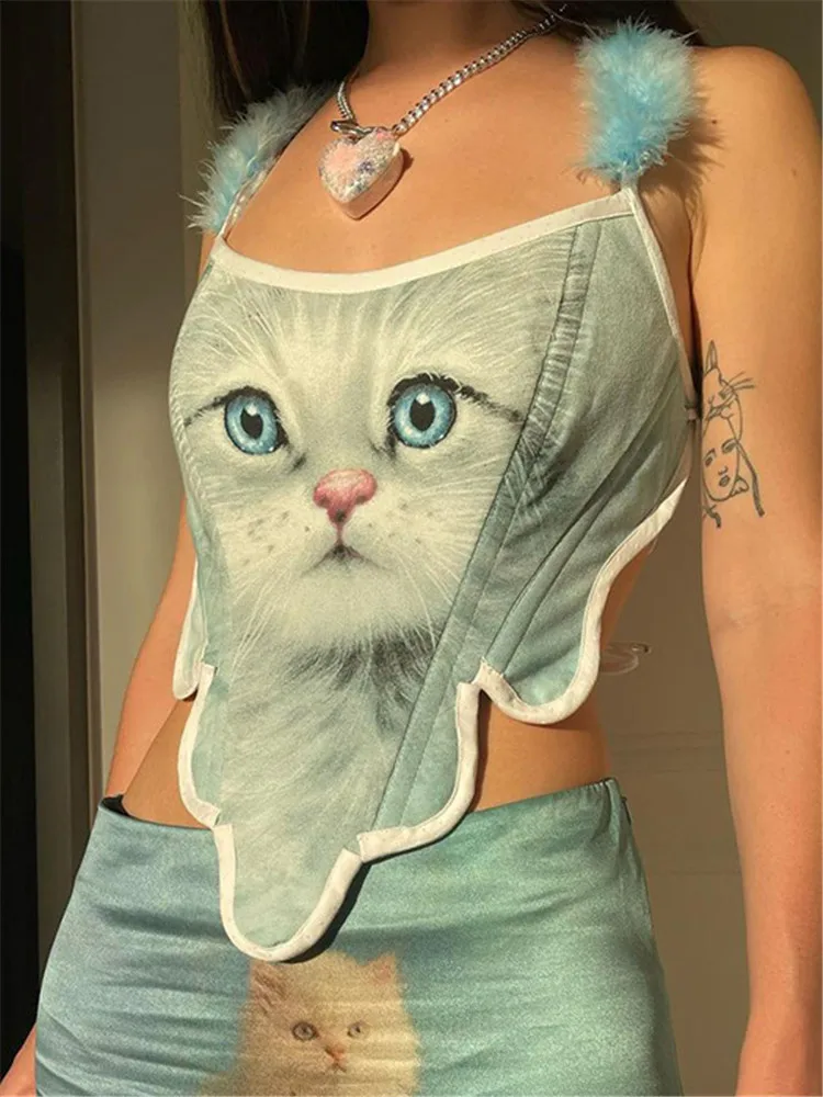 

Y2k Летняя женская сексуальная блузка с принтом кошек на бретельках, модная повседневная одежда для вечевечерние и клубов, 2022