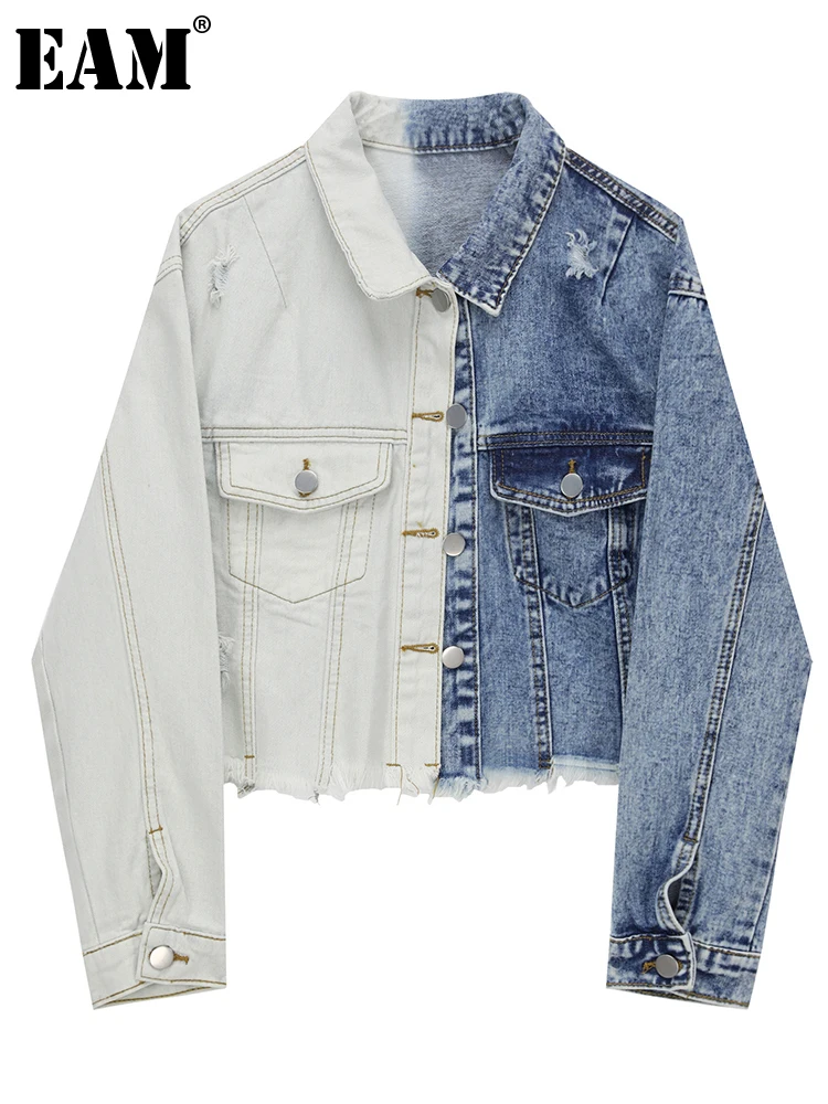 

[EAM] Loose Fit Blue Denim Color-block Big Size Jacket New Lapel Long Sleeve Women Coat Fashion Tide Spring Autumn 2022 1DE6532