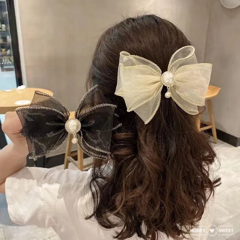 

New Imitation Pearl Rhinestone Pendant Net Yarn Bow Hair Clip Girl Simple Headdress Hairpin for Women Fashion Hair Accessories