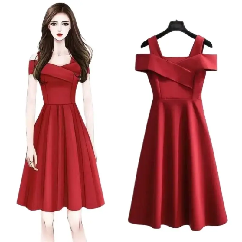 

Women's Summer Black Dress Ladies Elegant Party Evening A-Line Solid Color Slim High-End Korean Dresses For Prom Female Clothing