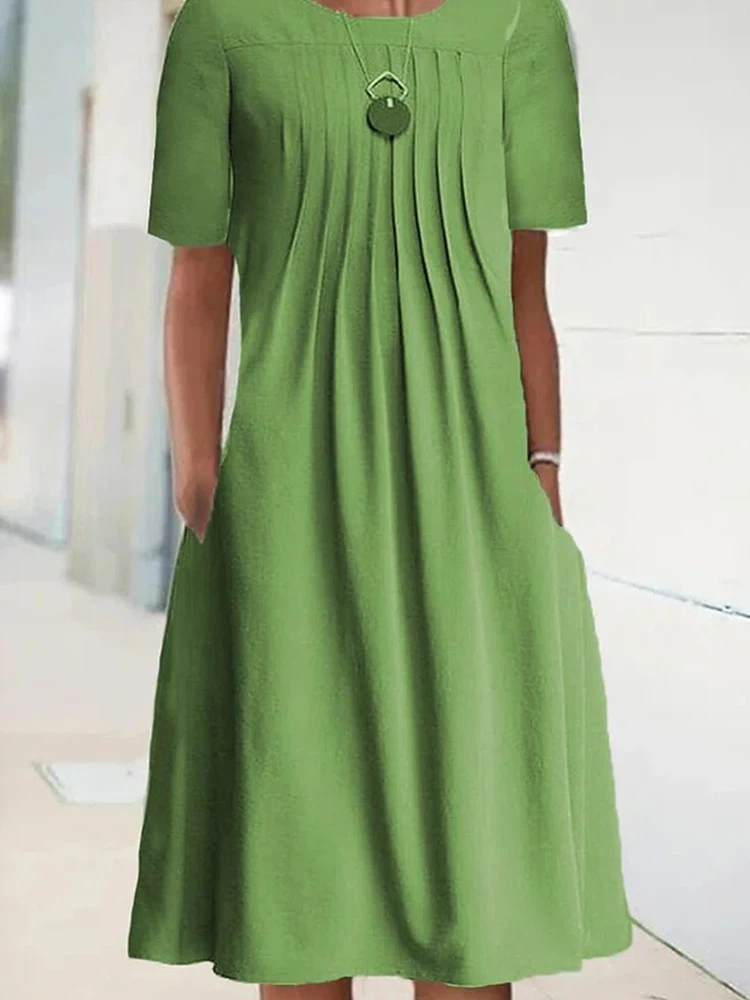 

Women Solid Color Drape Pleated Party Dress Spring Sexy O Neck Pocket Office Lady Dress Summer Short Sleeve Solid Straight Dress