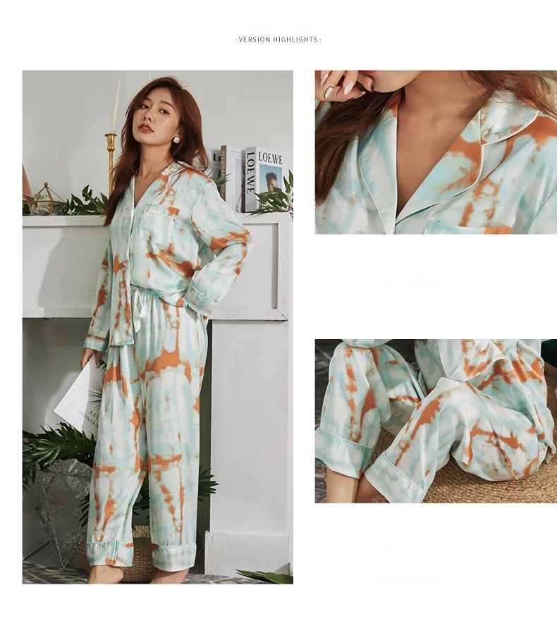 Women's 2 Piece Pajamas Sets Lapel Tie-dyed Pijama Ice Silk Female Pyjama Sleepwear Long Sleeve Shirt Pants Homewear Loungewear