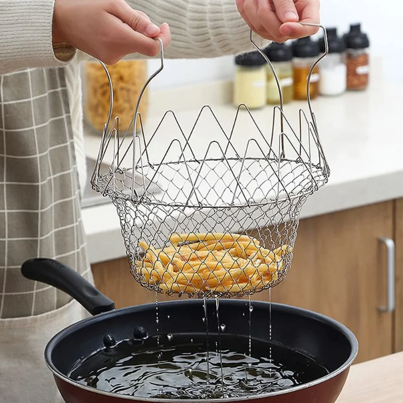 

Frying Basket Stainless Steel Folding Multifunctional Cooking Basket New Telescopic Frying Basket Multifunctional Kitchen Tools