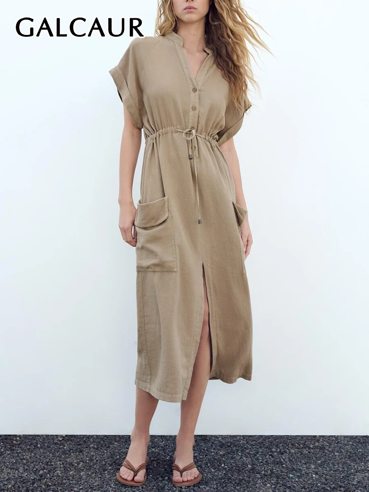 

GALCAUR Patchwork Drawstring Dresses For Women V Neck Short Sleeve Single Breasted Loose Solid Folds Split Midi Dress Female New