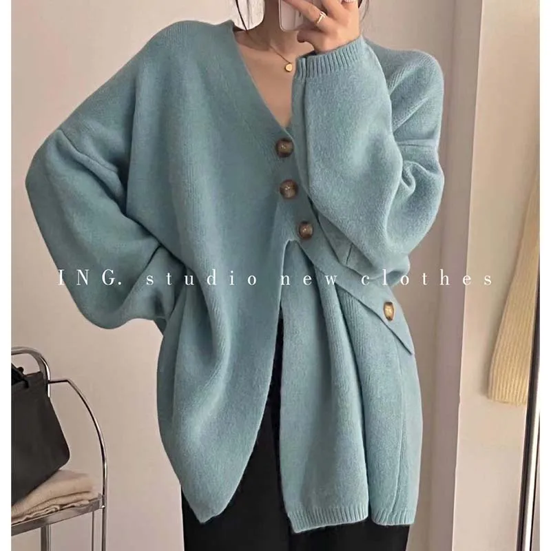 

Весна-Осень 2022, мягкий восковой свитер с V-образным вырезом сбоку, кардиган, дизайнерское свободное теплое женское платье для ленивых, Корей...