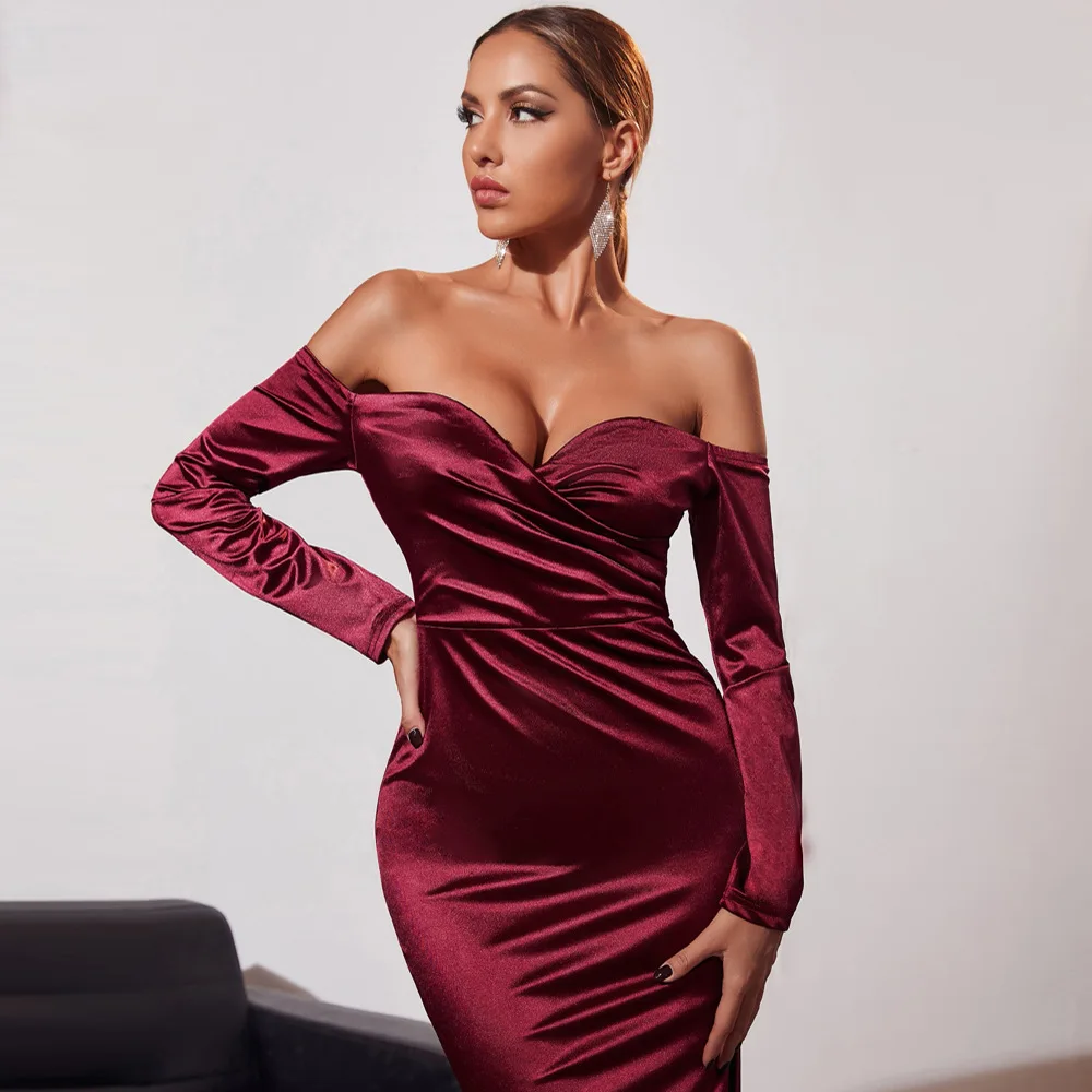 Women Elegant Mermaid Dress Off-Shoulder Long Sleeve Prom Party Dress Bodycon Slim Waist Vintage Evening Dress