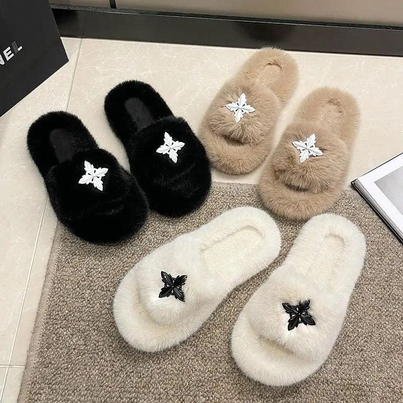 Осенне-зимние плюшевые тапочки с крестом женские французские простые домашние