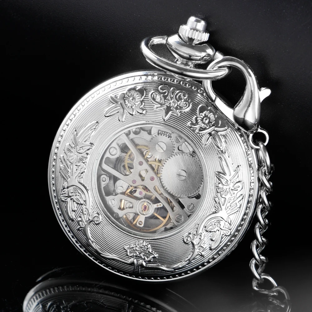 New Silver-White Flying Dragon Sculpture Mechanical Pocket Watch Hollow-Out Case Analog Skeleton Men's Mechanical Pocket Watch