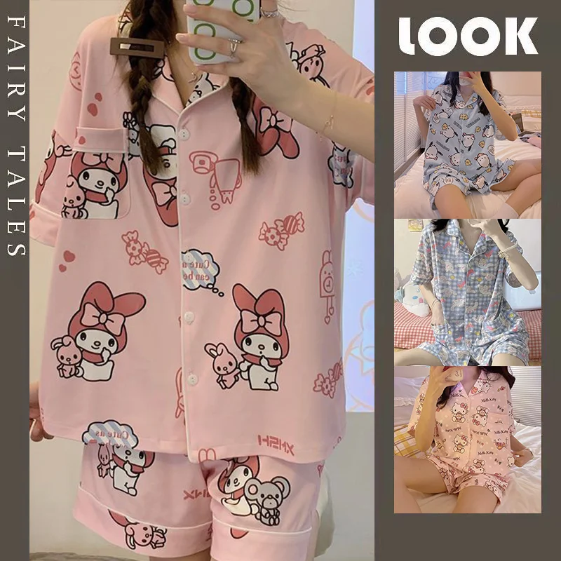 

Sanrios Kt Cinnamoroll Pachacco Anime Cartoon Pajamas Summer Kawaii Print Sweet Cute Ins Short Sleeve Cardigan Home Clothes Set