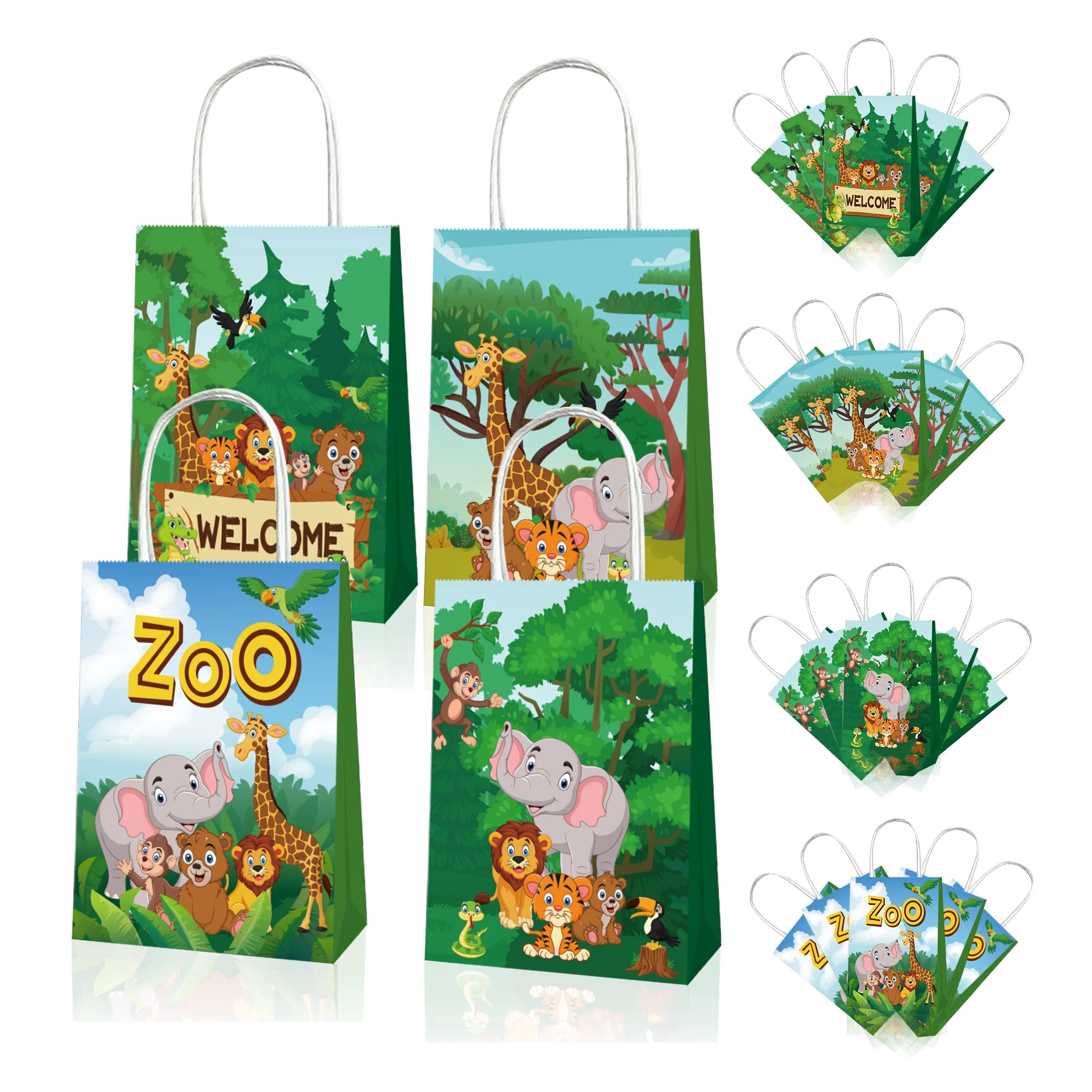 

BD061 12Pcs Cartoon Jungle Animals Tiger Lion Happy Birthday Party Candy Packing Tote Paper Gift Bags Baby Shower Party Decors