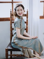 retro jacquard rayon womens classic cheongsam short sleeve summer long dress elegant traditional qipao