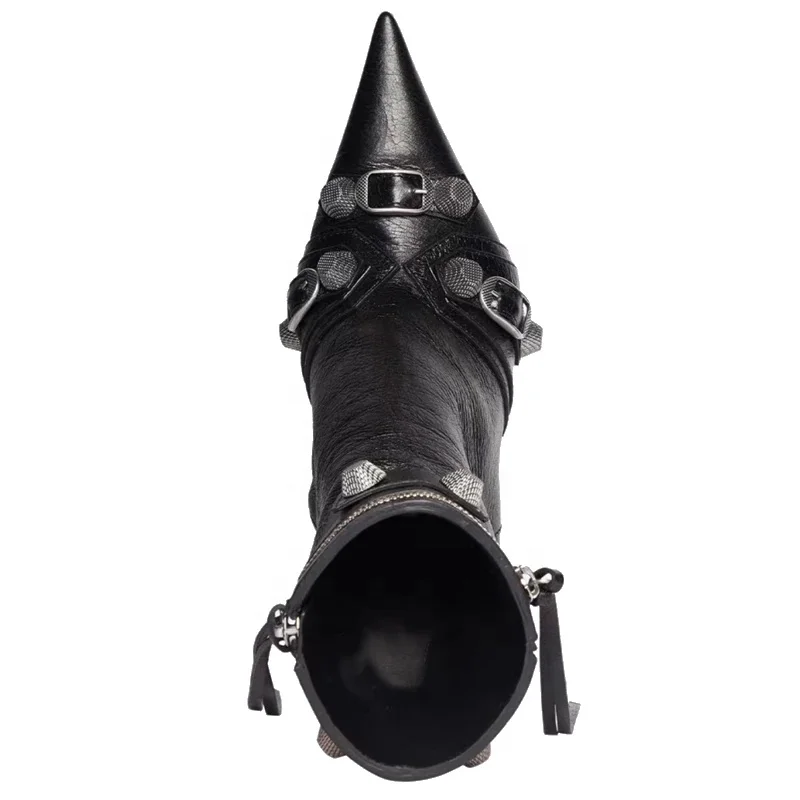 Black High Heel Leather Booty Shoes Pointy Toe Sexy Lady's Ankle Boots Zip Buckle Studs Short Women Fashion Big Size 43
