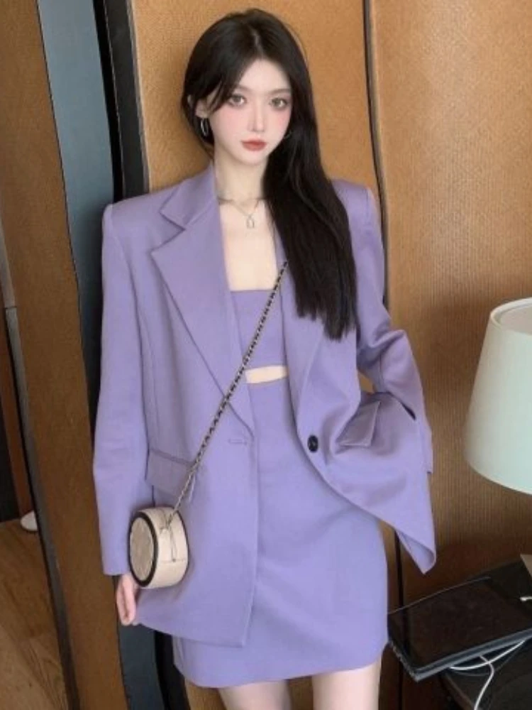 

Insozkdg Fashion Blazer Sets Women 2023 Korean Light Slim Sexy Suspender Skirt + Versatile Western Style Notched Collar Jacket