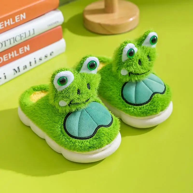 Soft Frog Slippers Children's Fur Mules Mother Kids Family Matching Shoes Boy Girls Cute Home Slippers With Frogs