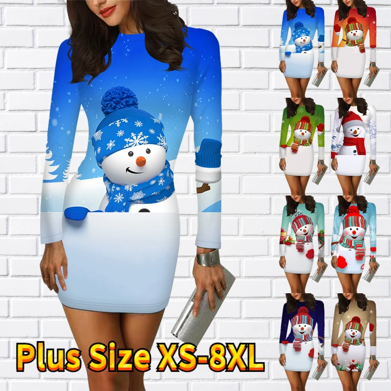 

2022 Contracted Wind Christmas Dress Autumn Winter Women Round Neck Long Sleeve Skirt Printed Short Skirt Fashionable Midi Skirt