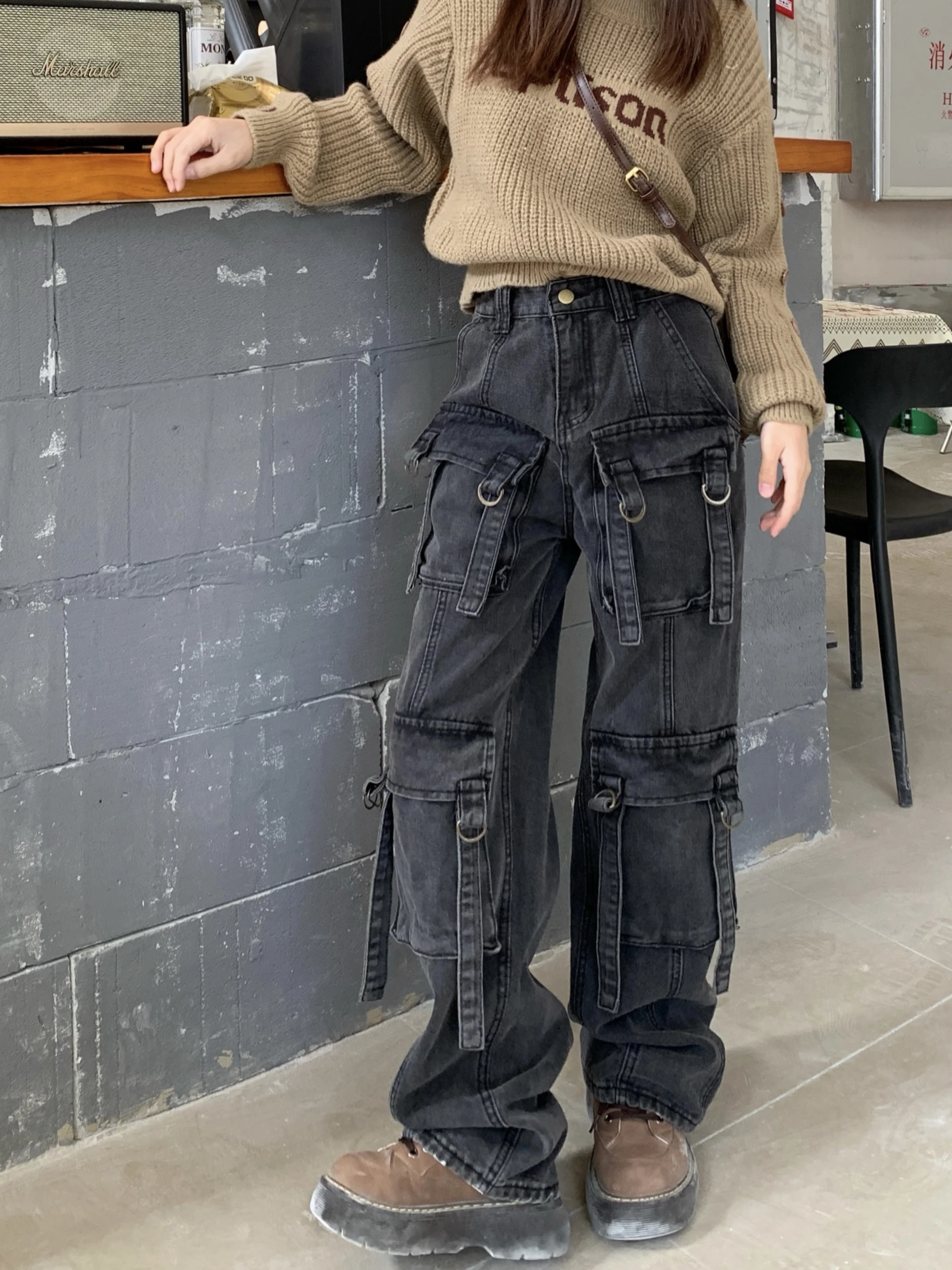 Женские Черные Готические джинсы-карго мешковатые джинсовые брюки большого