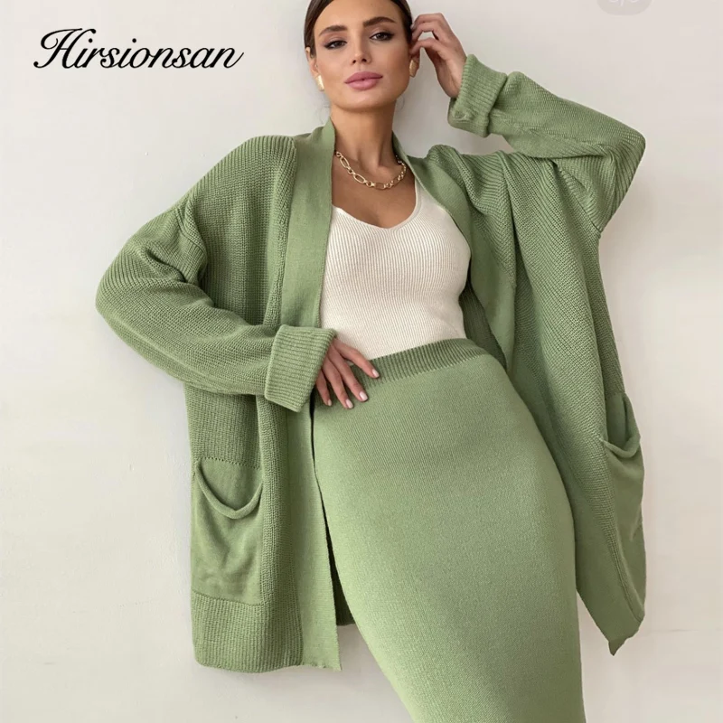 

Hirsionsan Soft Vintage Lace Up Women Suits 2 Pieces Female Sets with Belt V Neck Cardigan & Midi Dress Ladies Knitted TrackSuit