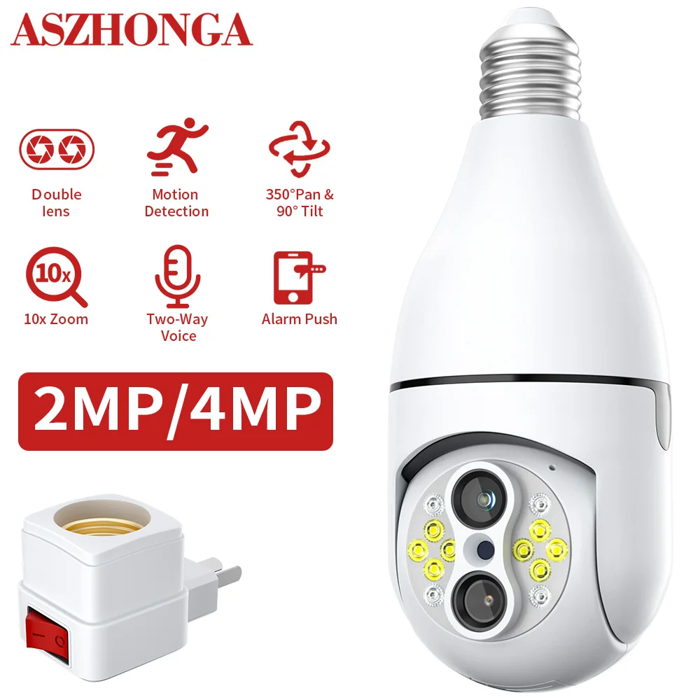 

ASZHONGA 4MP E27 лампочка лампа PTZ камера WiFi 2MP/связь наблюдения безопасности прожексветильник с автоматическим отслеживанием двойной объектив от...