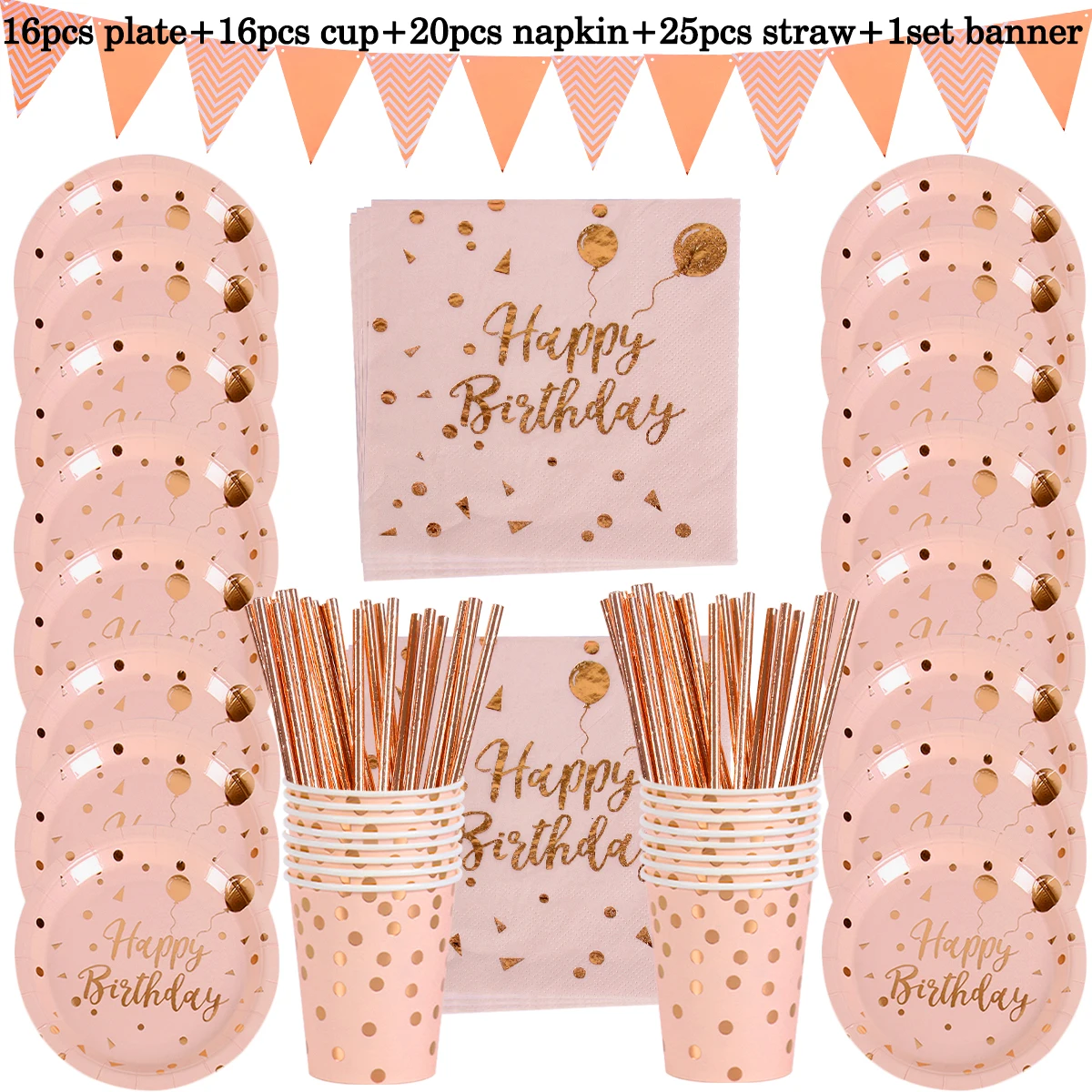 

Rose Gold Disposable Tableware Happy Birthday Party Decoration Kids Adult Paper Plates Cup Wedding Decor Baby Shower Girl